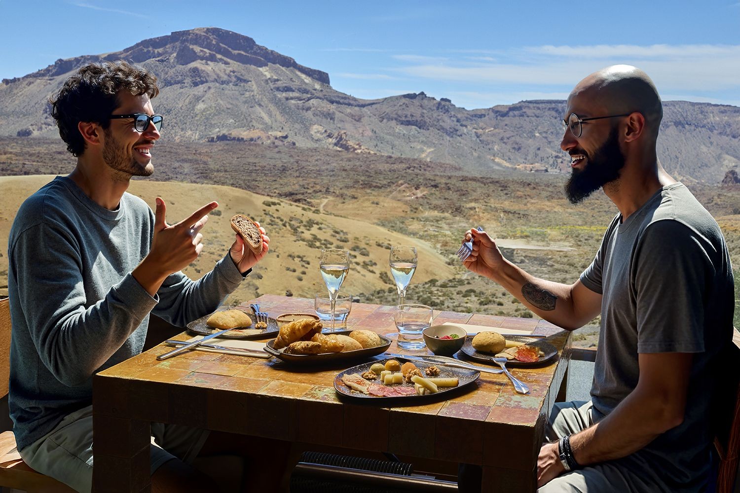 Couple en train de déguster le brunch de téléphérique avec vue sur le Parc national du Teide