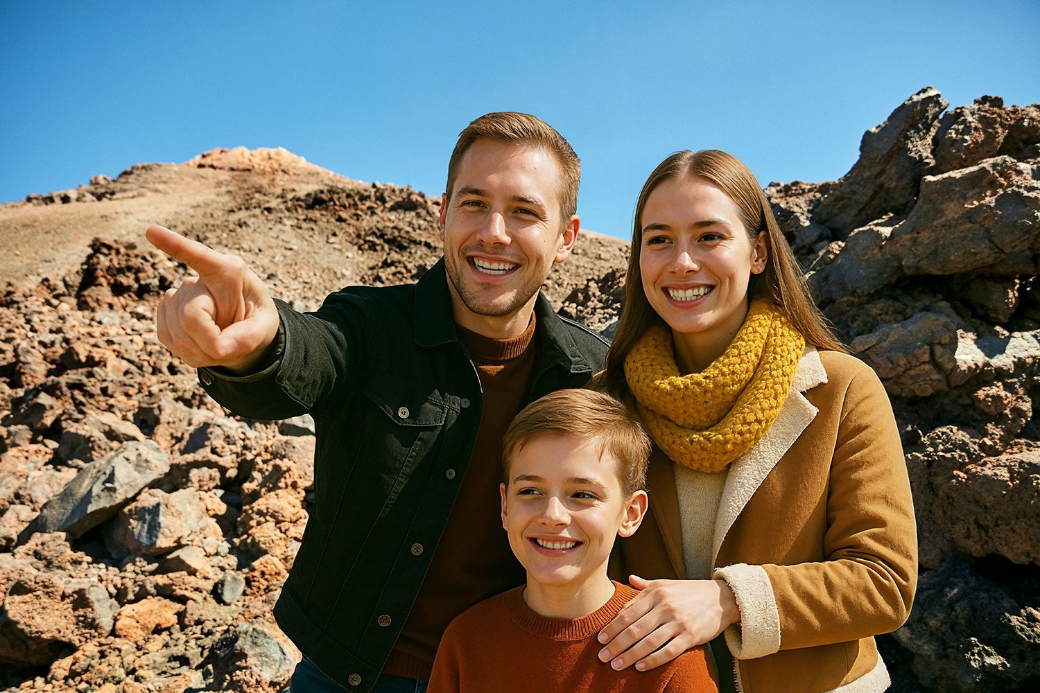Familie genietend van het spectaculaire uitzicht na het nemen van de kabelbaan tot 3.555 m hoogte