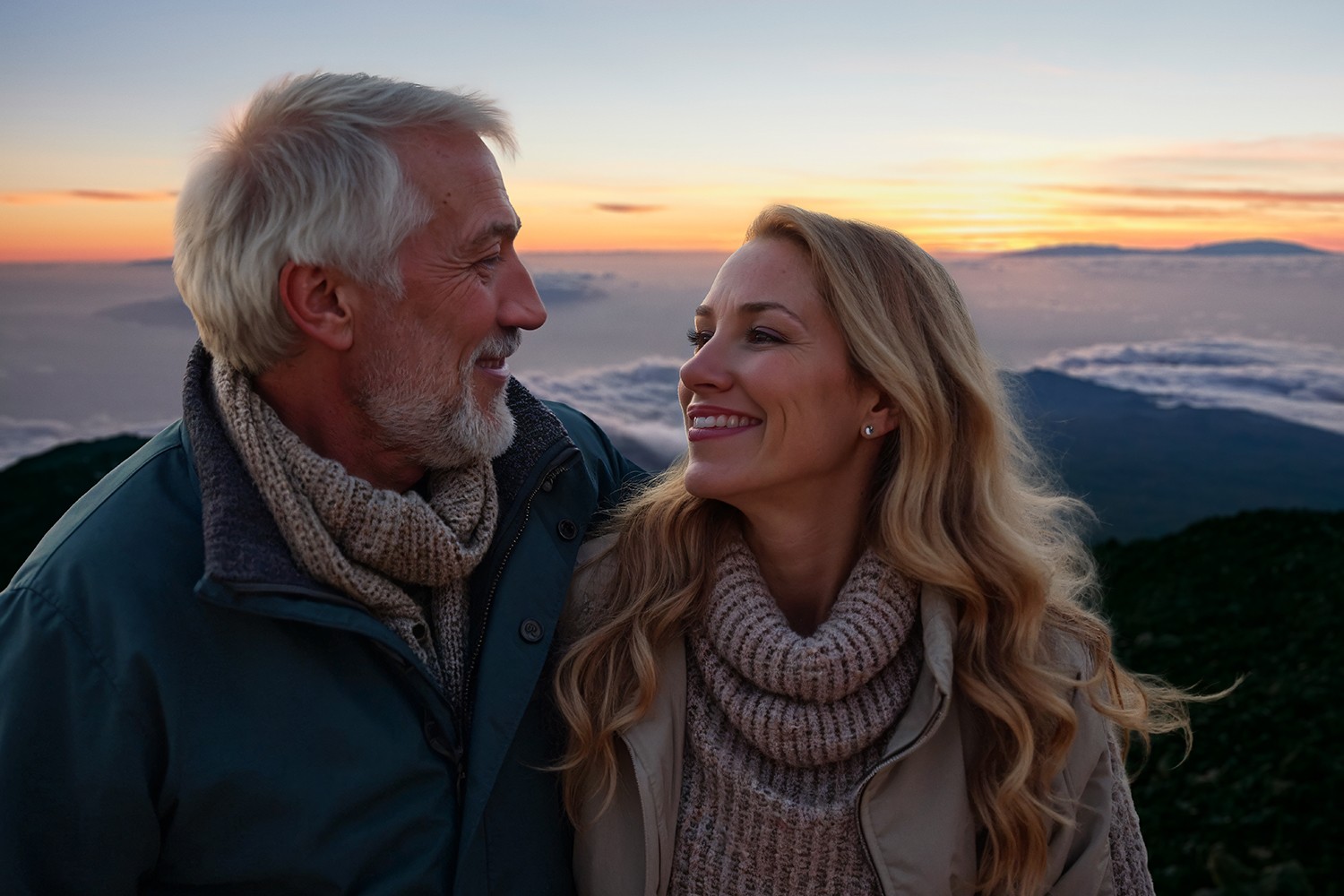 Koppel genietend van de zonsondergang vanaf de top van de Teide dankzij hun exclusieve ticket voor de kabelbaan