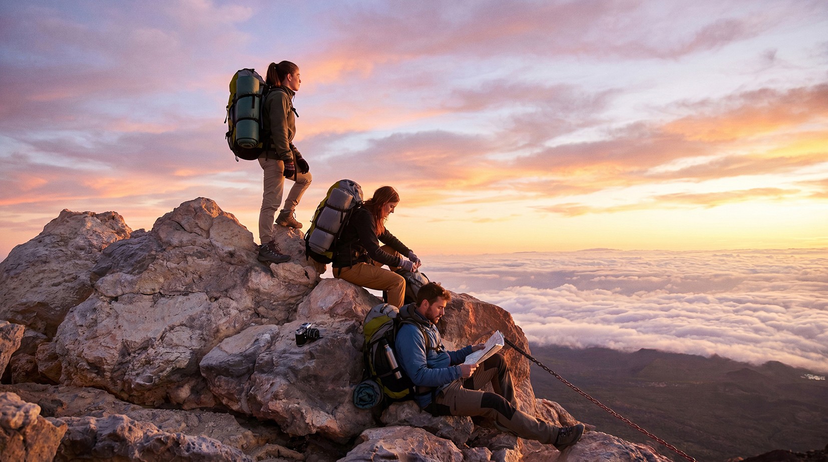 Couple enjoying a rest at the summit of Mount Teide