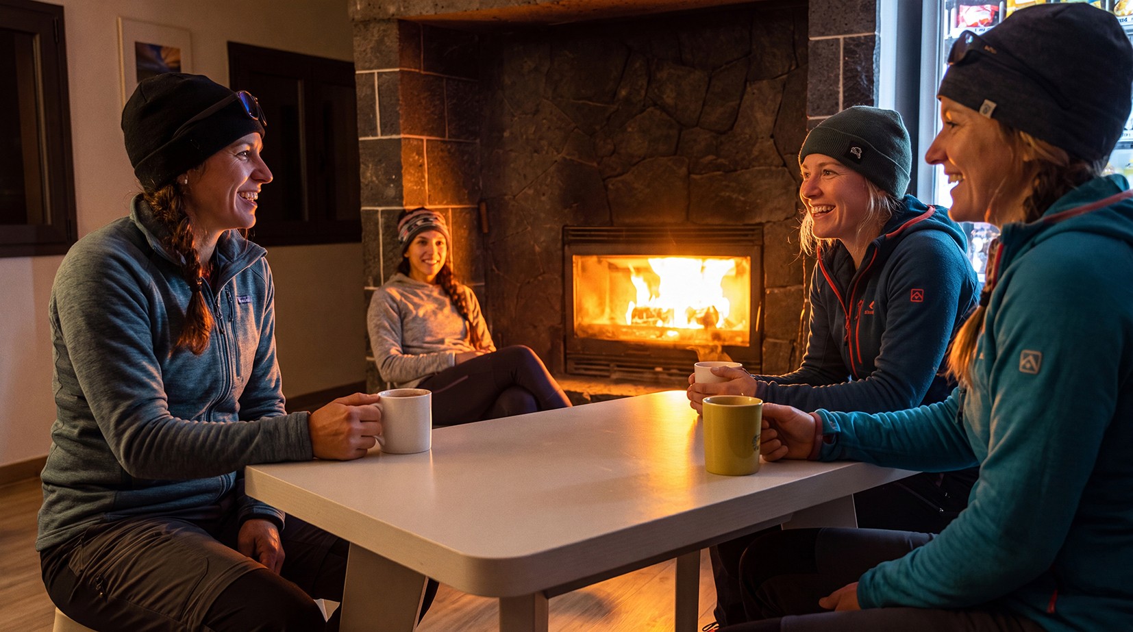 Relaxing by the fireplace at the refuge.